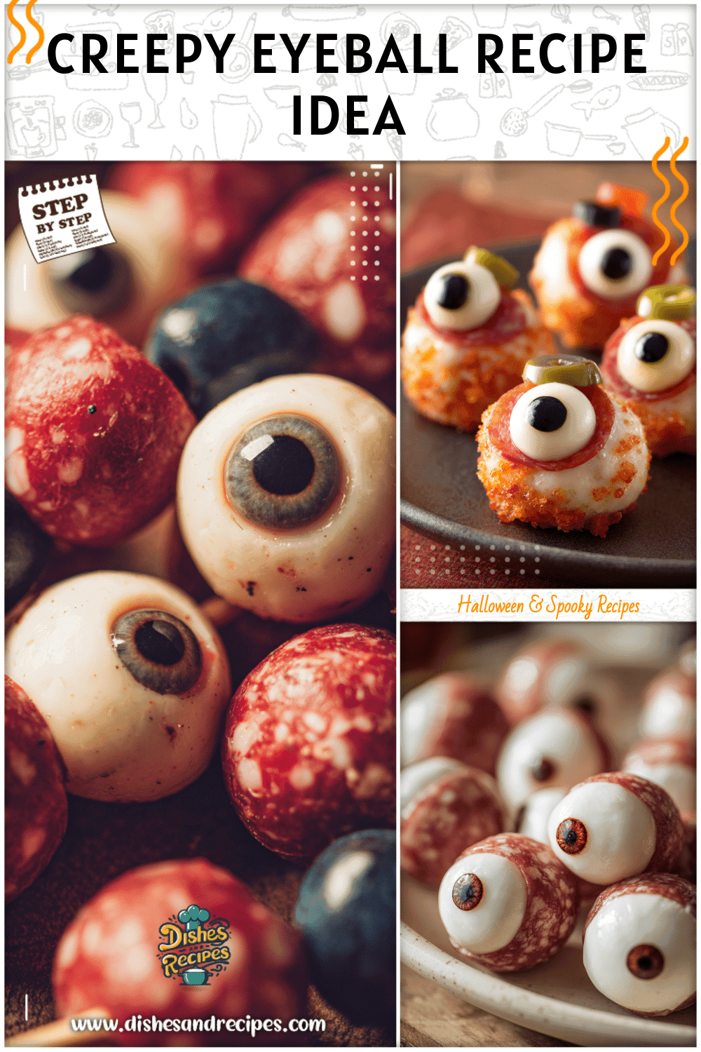 Halloween party display of mozzarella salami eyeballs styled as spooky appetizers